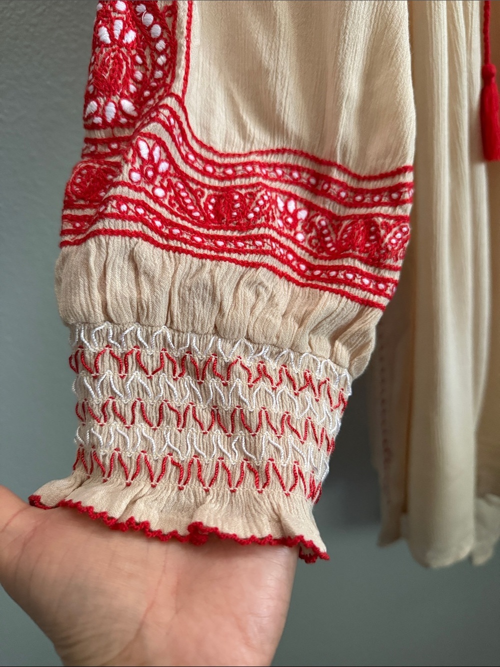 Free People Dress Large Wind Willow Mini Cream Red Embroidered Y2K Boho Hippie - Picture 7 of 13